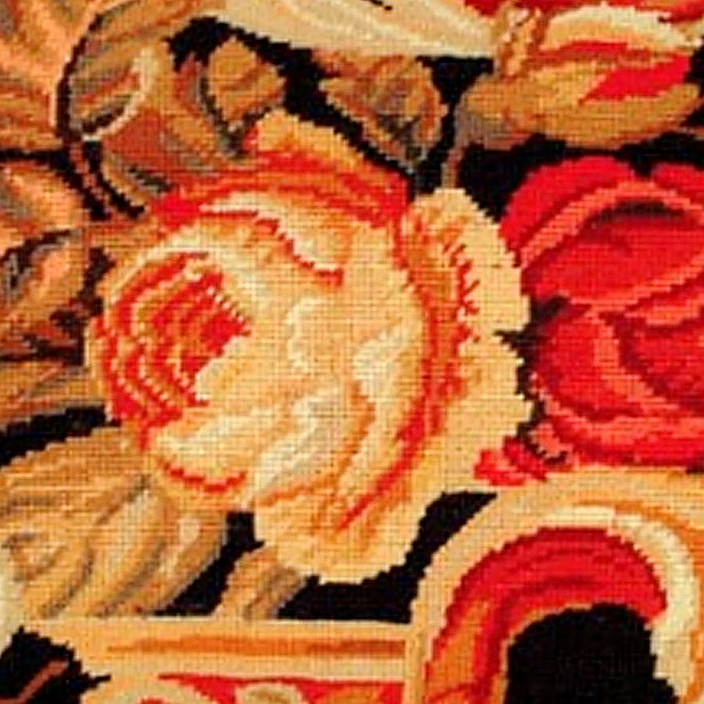 Closeup of Neogothic Red Roses needlepoint throw pillow highlighting hand-stitched wool craftsmanship and fabric detail