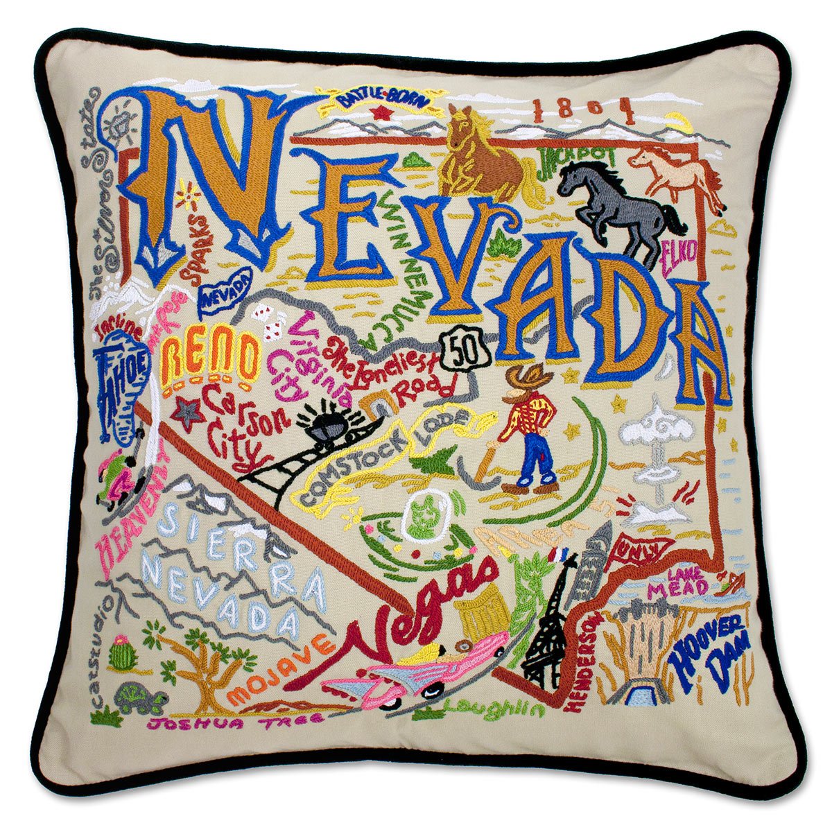 Nevada Glitter hand-embroidered throw pillow showcasing iconic landmarks