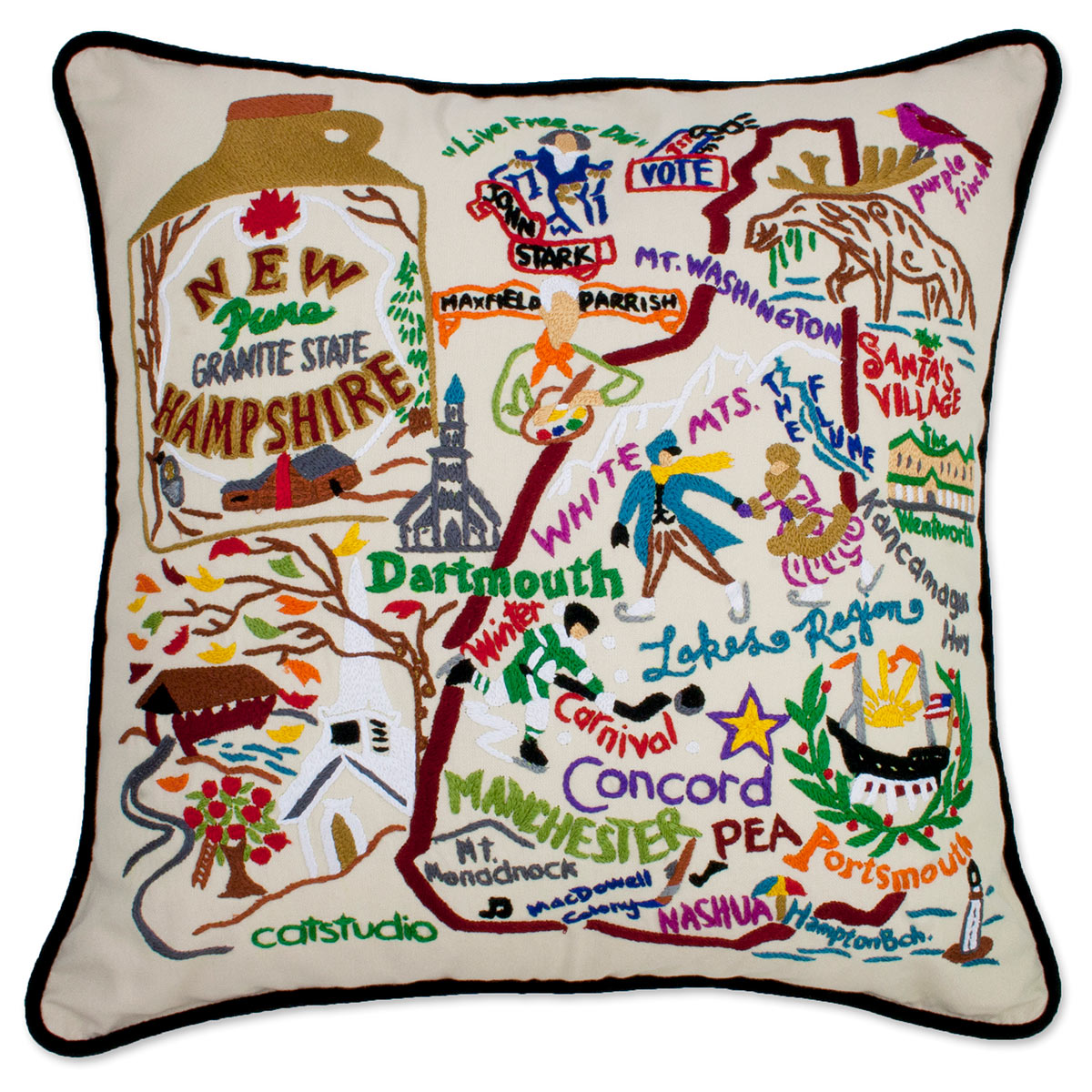 New Hampshire State Granite hand-embroidered throw pillow showcasing iconic landmarks