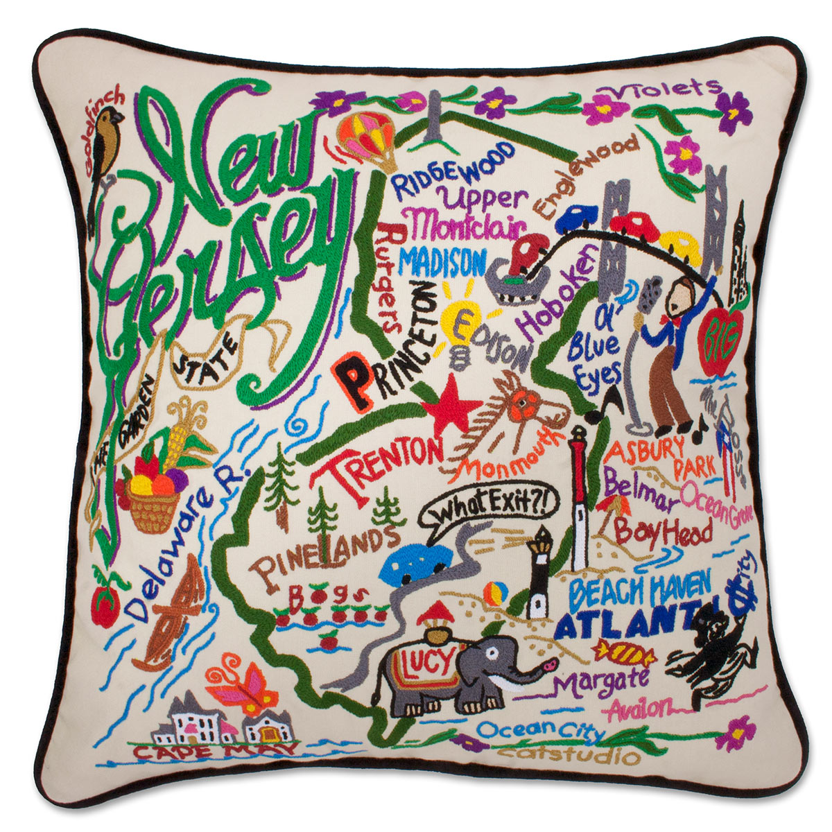 New Jersey Garden State hand-embroidered throw pillow showcasing iconic landmarks