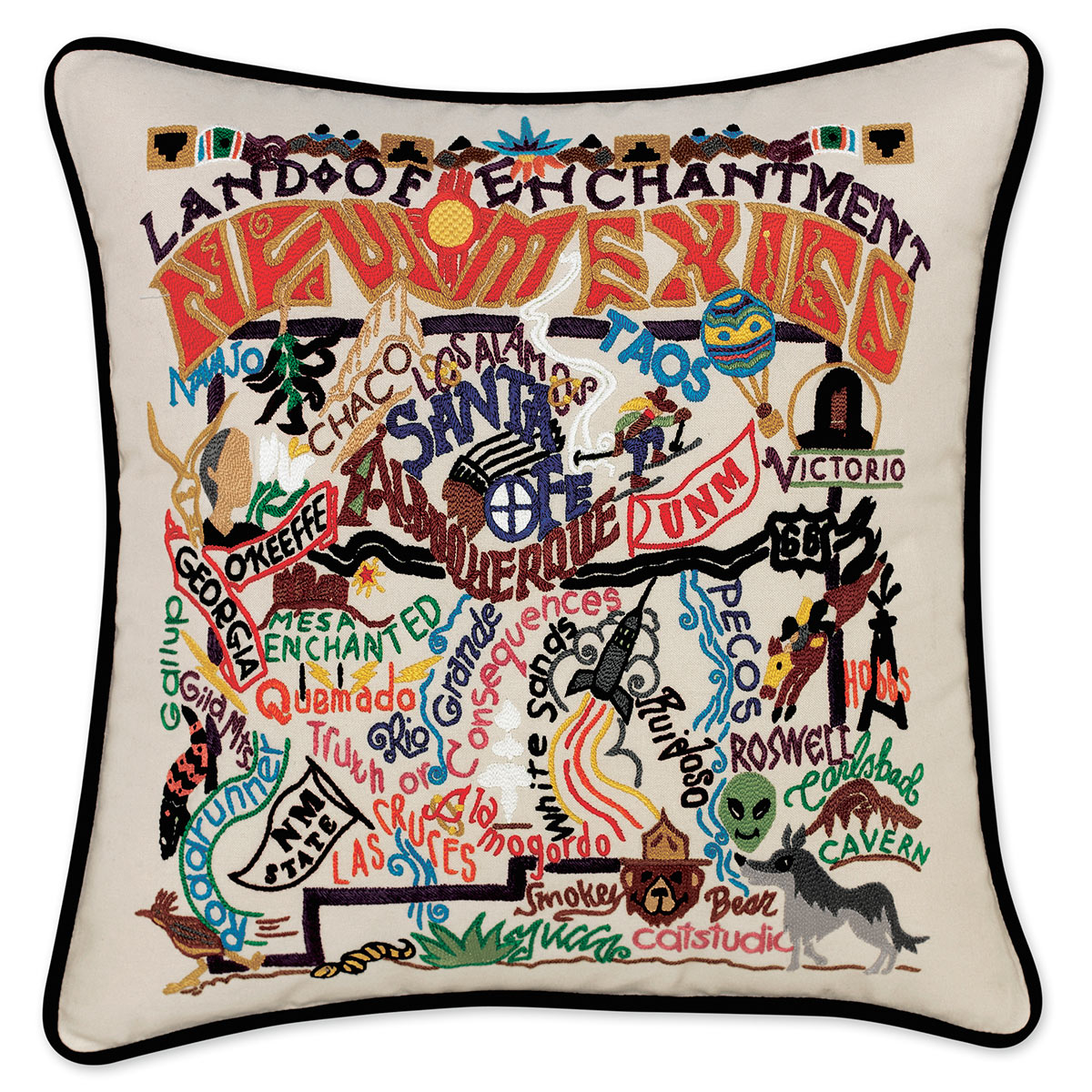 New Mexico State Enchantment hand-embroidered throw pillow showcasing iconic landmarks