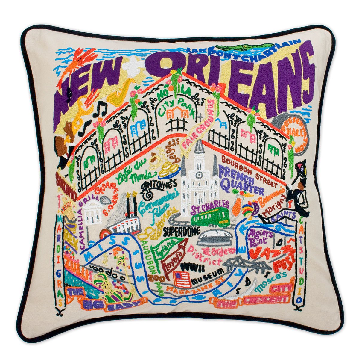 New Orleans, LA Big Easy hand-embroidered throw pillow with artisan decorative design