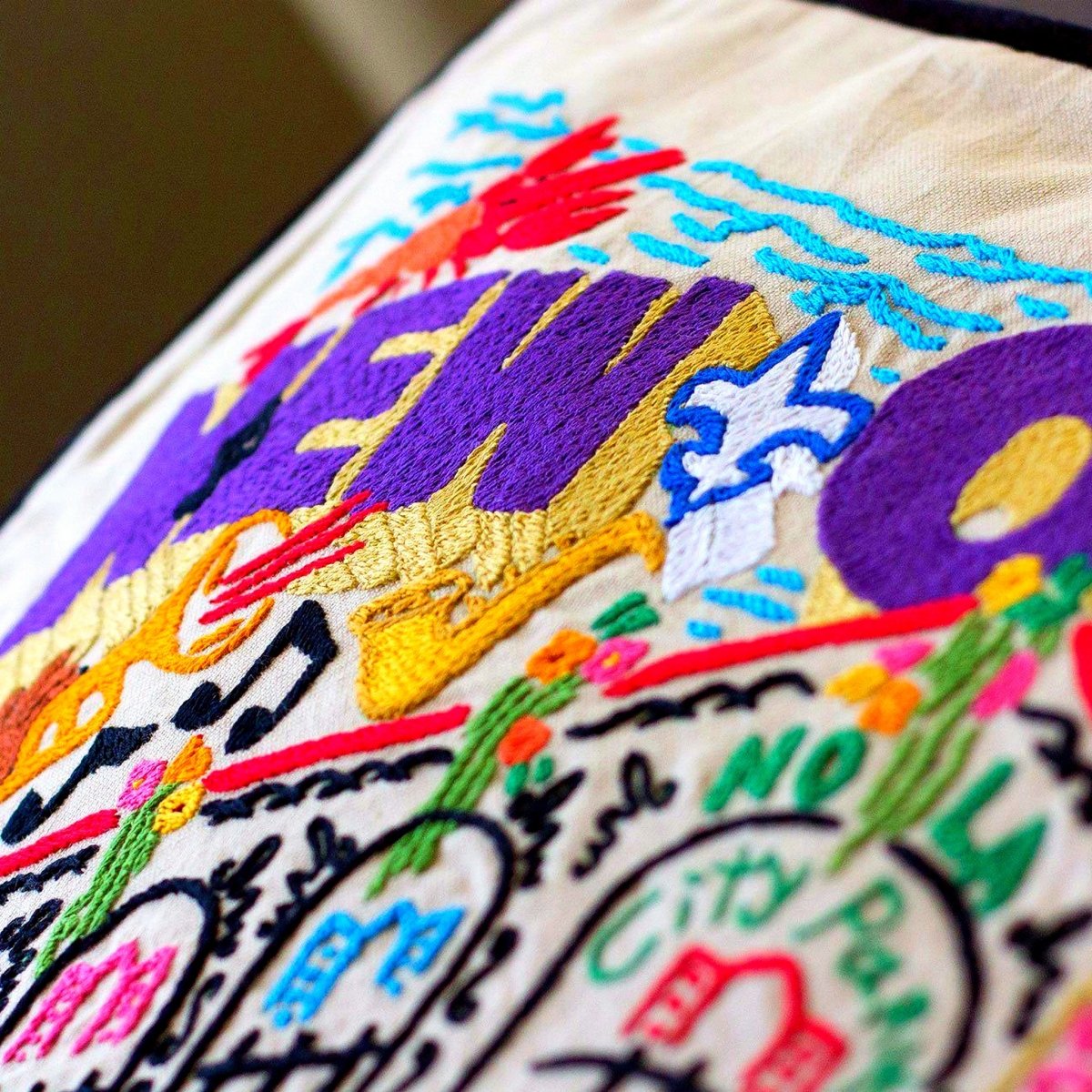 New Orleans, LA Big Easy Embroidered Throw Pillow - close-up detail of hand-embroidered needlepoint stitching