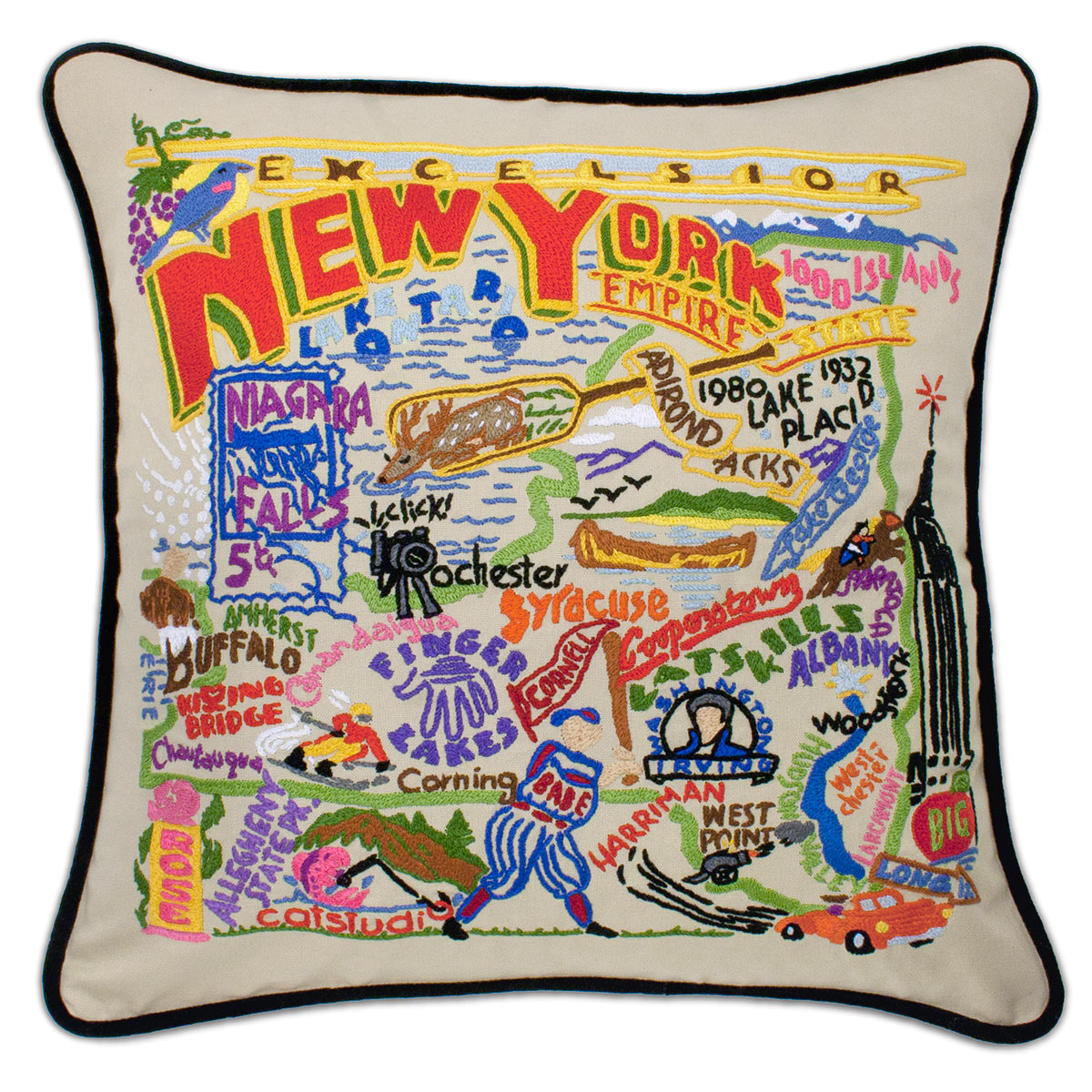 New York State Empire hand-embroidered Variant 2 throw pillow showcasing iconic landmarks