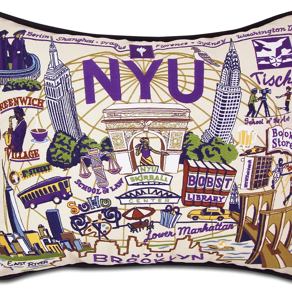 New York University Violets hand-embroidered throw pillow featuring school colors and mascot imagery