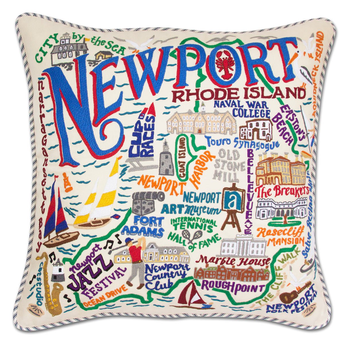 Newport, RI Seaside City hand-embroidered throw pillow showcasing iconic landmarks
