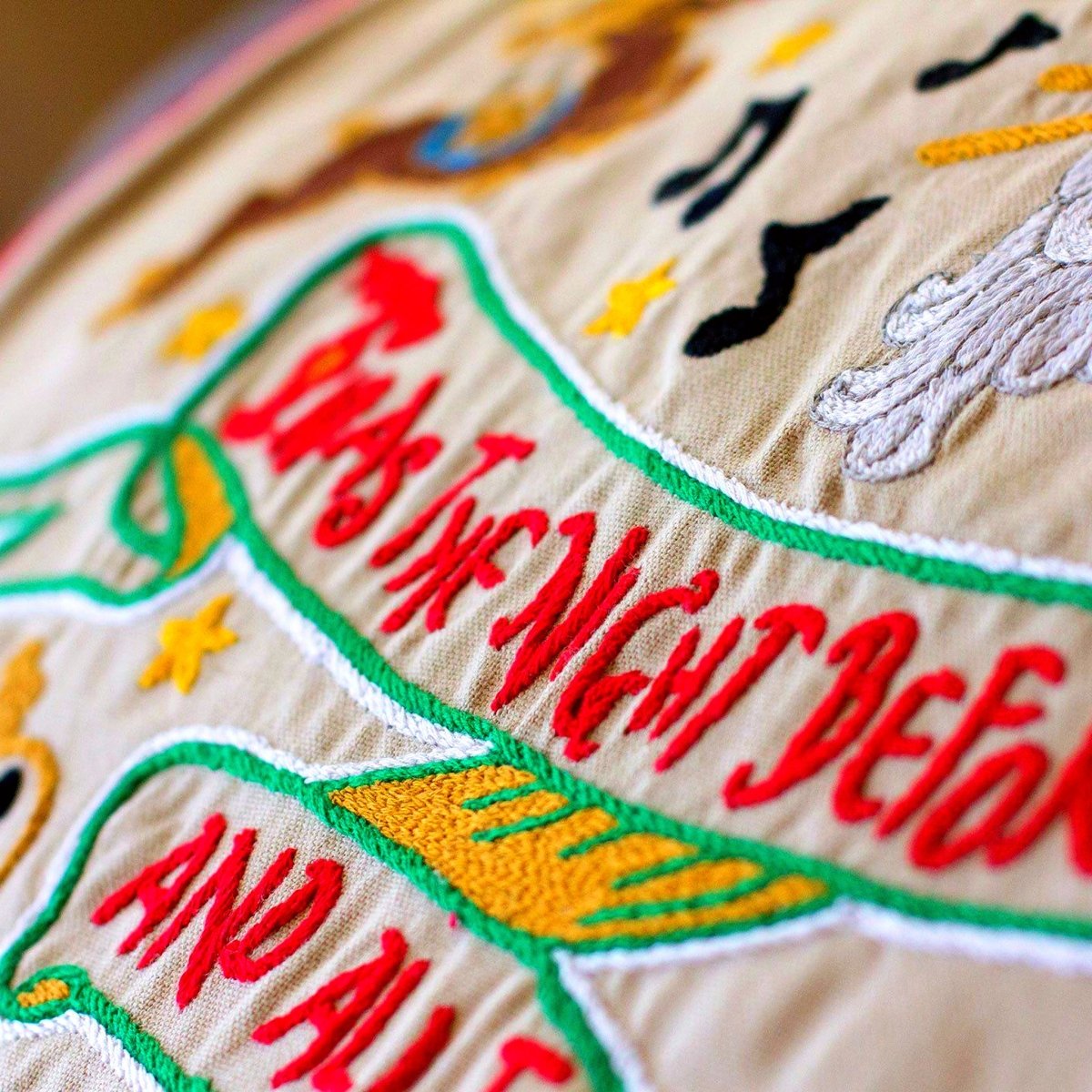 Night Before Christmas XL Embroidered Holiday Pillow - close-up detail of hand-embroidered needlepoint stitching