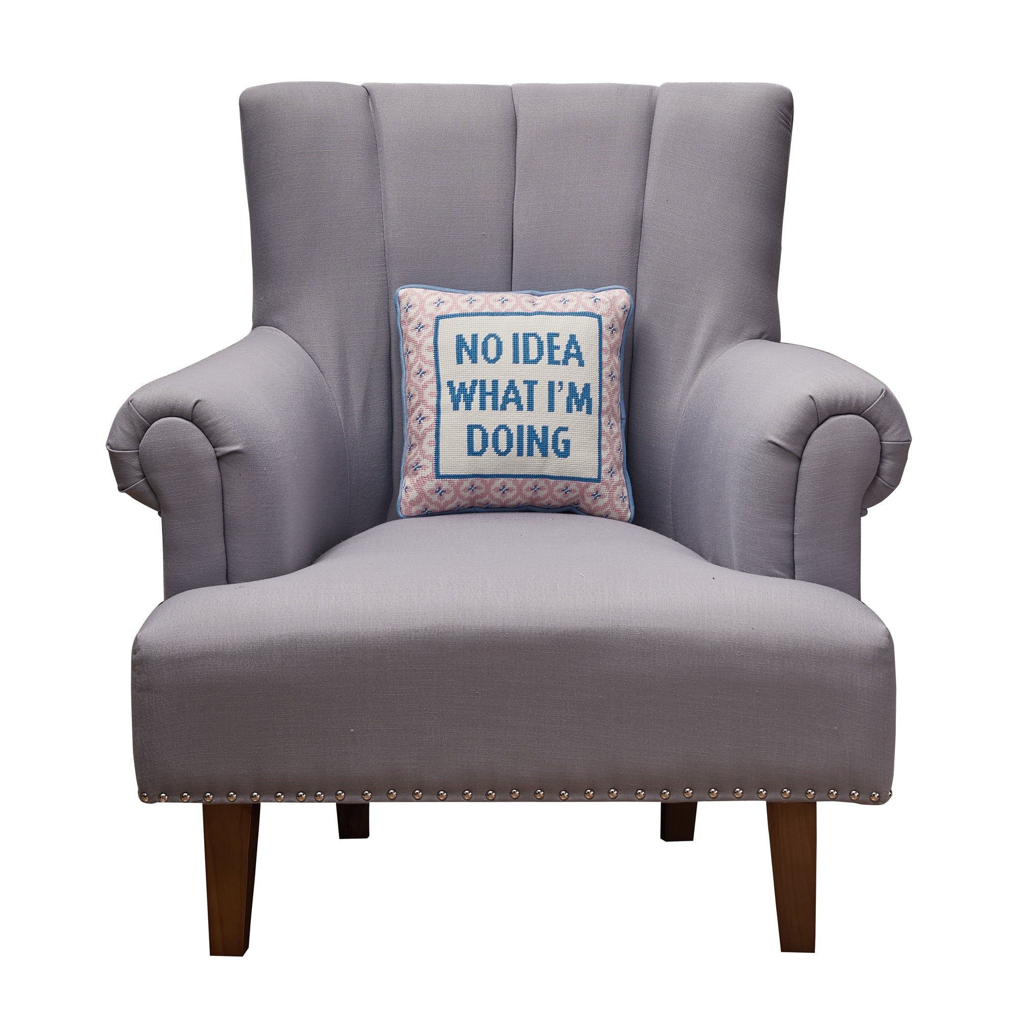 No Idea What I'm Doing Embroidered Needlepoint Throw Pillow, 12x12 inch, centered on a gray upholstered armchair
