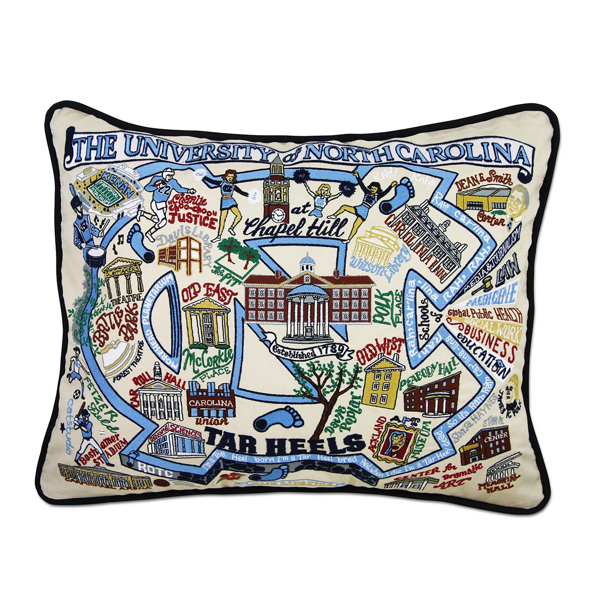 North Carolina Tar Heels hand-embroidered throw pillow featuring school colors and mascot imagery
