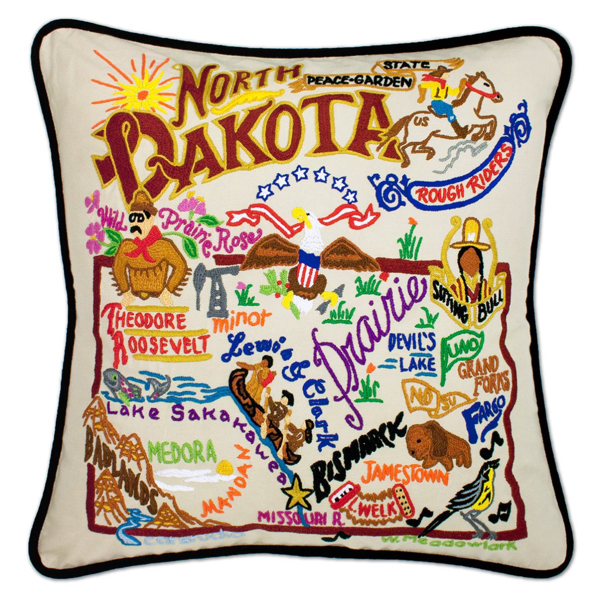 North Dakota State Flickertail hand-embroidered throw pillow showcasing iconic landmarks