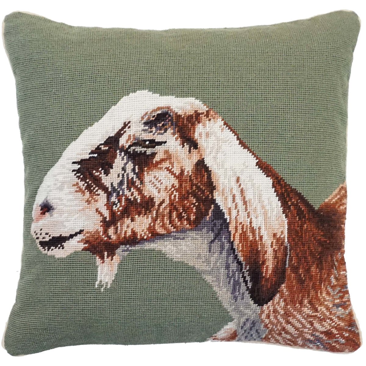 Nubian Goat Farm Ranch needlepoint throw pillow with rustic lodge-style design