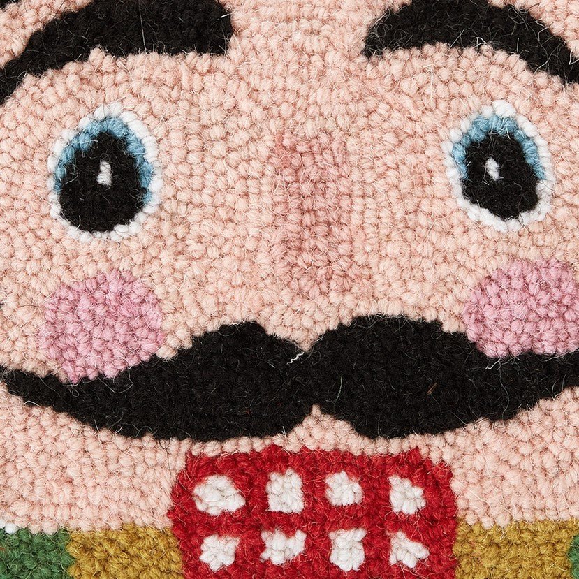 Nutcracker Face Hooked Wool Christmas Throw Pillow, close-up detail