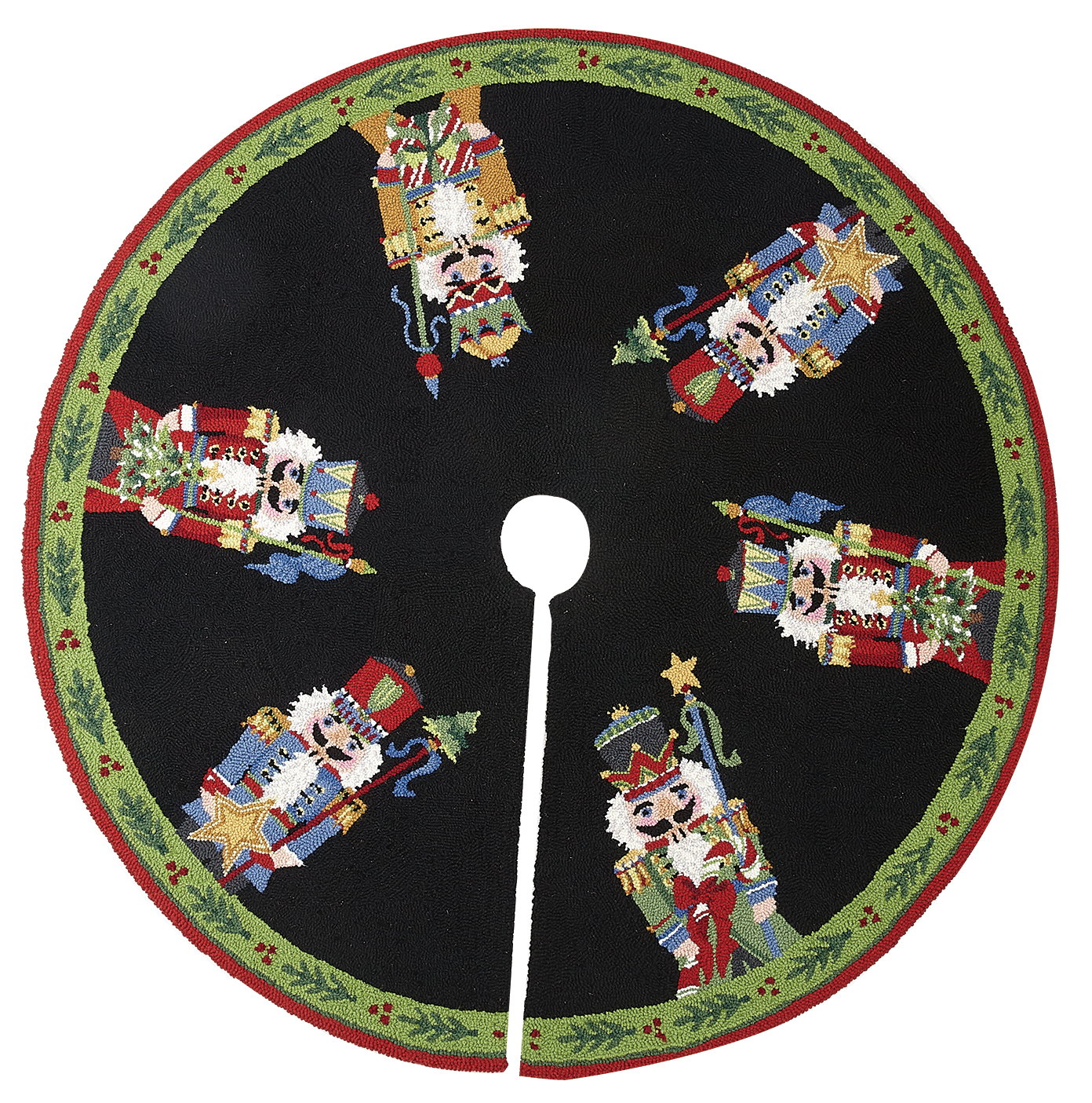 Nutcracker Pageantry Hooked Wool Christmas Tree Skirt, 52x52 inch, front view