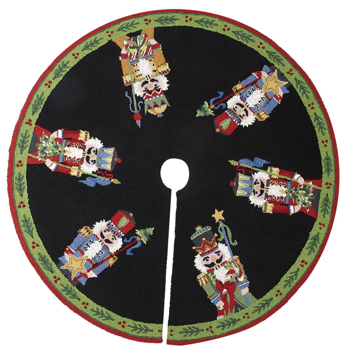 Nutcracker Pageantry Hooked Wool Christmas Tree Skirt, 52x52 inch, front view