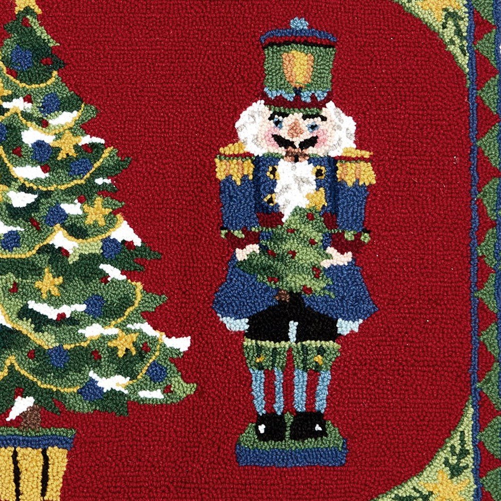 Closeup of Nutcracker Tree Hooked Wool Christmas Rug showing stitch texture and craftsmanship detail
