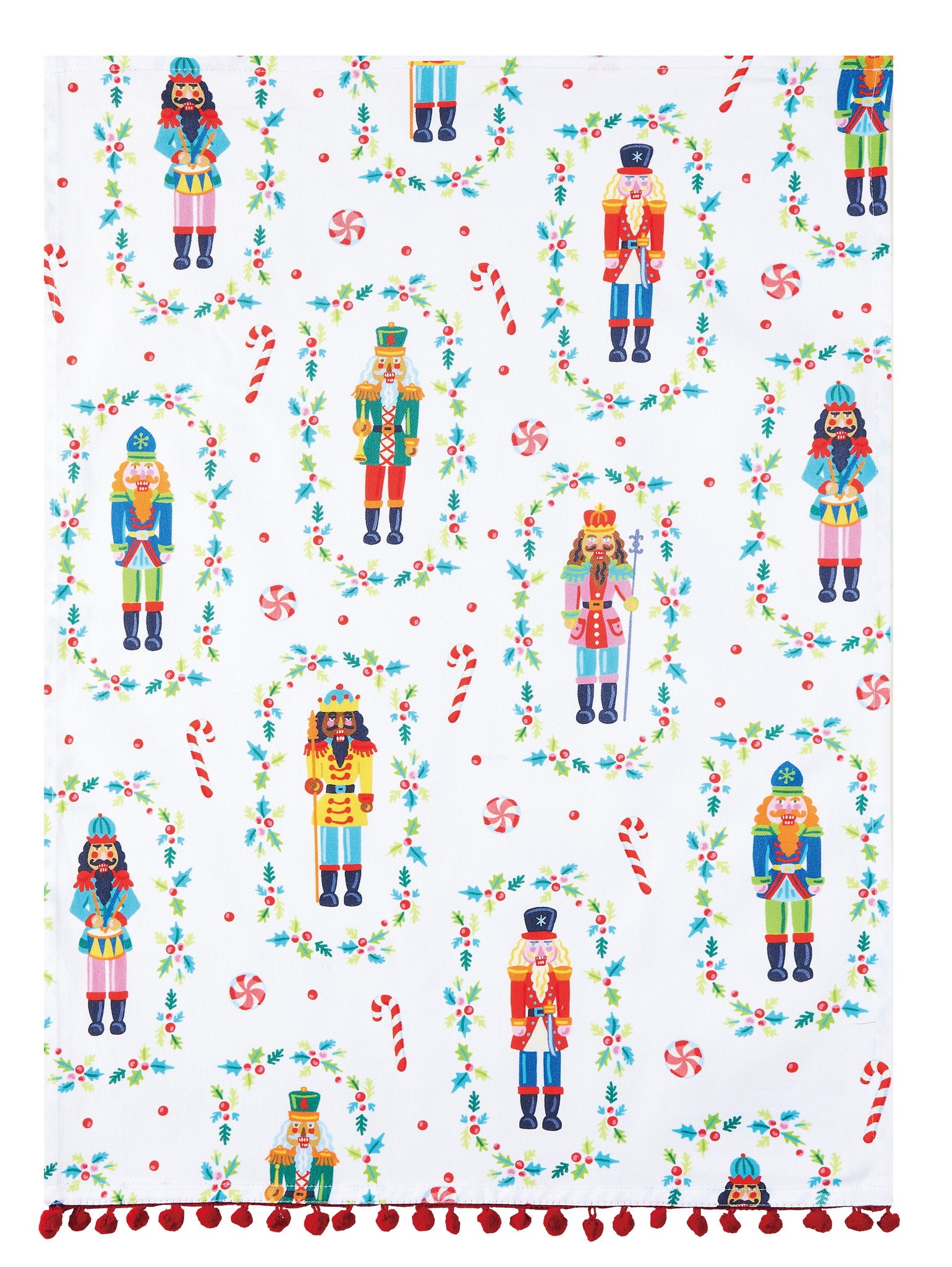 Nutcrackers with Pom Pom Christmas Kitchen Towel, 18x25 inch, front view