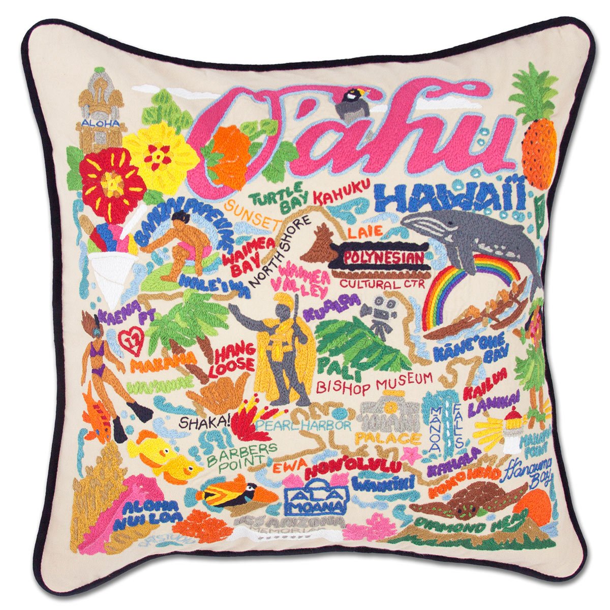 Oahu Hawaiian Island hand-embroidered throw pillow showcasing iconic landmarks