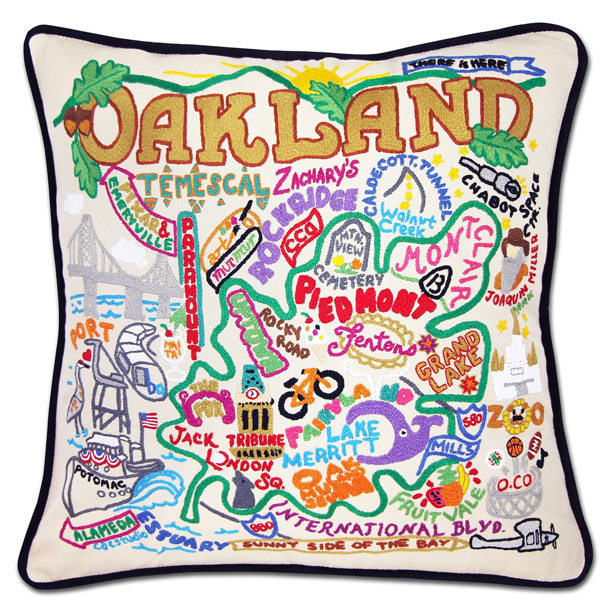 Oakland, CA Bay City hand-embroidered throw pillow showcasing iconic landmarks
