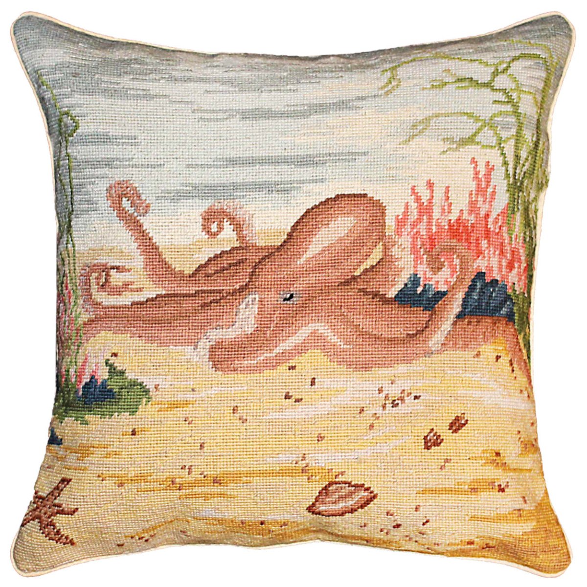 Octopus needlepoint throw pillow with nautical coastal motifs