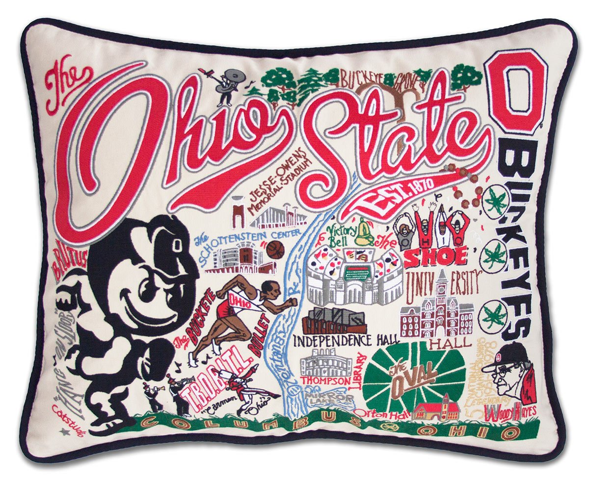 Ohio State Buckeye hand-embroidered throw pillow showcasing iconic landmarks