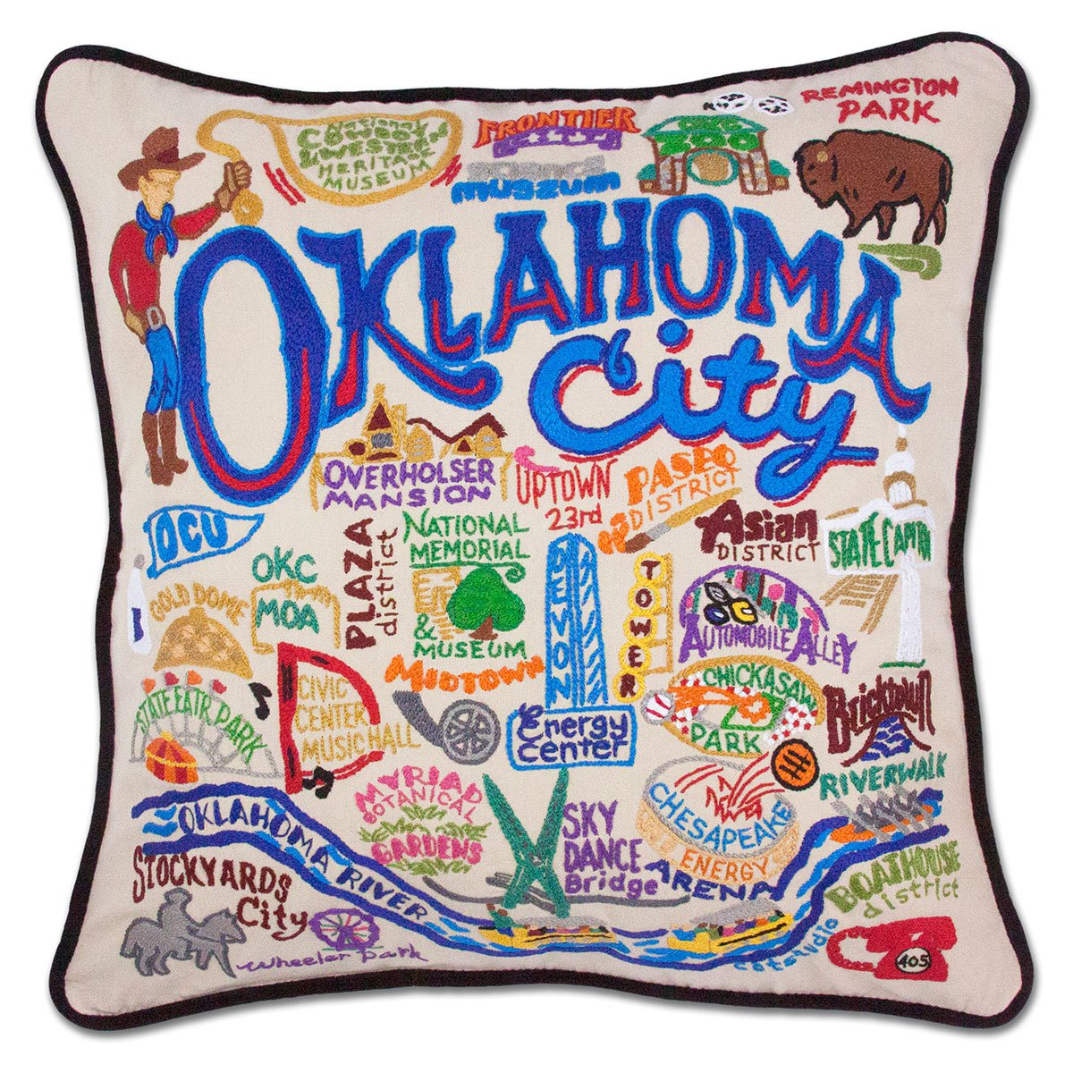 Oklahoma City, OK Frontier City hand-embroidered throw pillow showcasing iconic landmarks