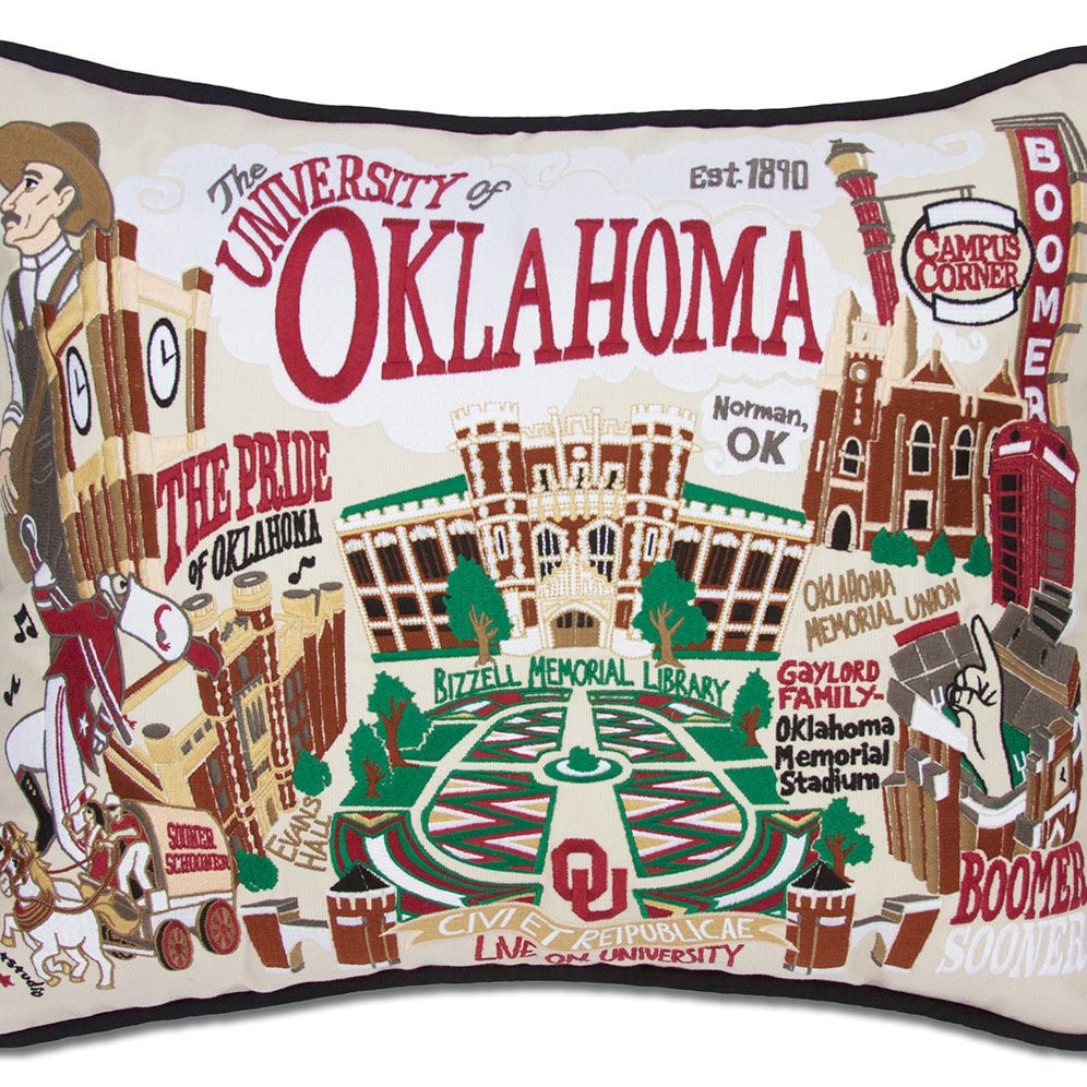 Oklahoma Sooners hand-embroidered throw pillow featuring school colors and mascot imagery