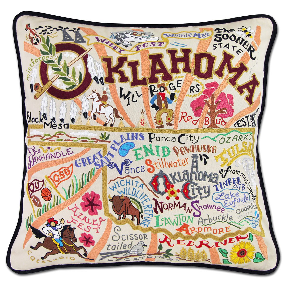 Oklahoma State Cowboys hand-embroidered throw pillow featuring school colors and mascot imagery