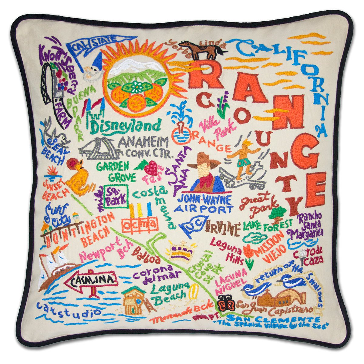 Orange County hand-embroidered throw pillow showcasing iconic landmarks