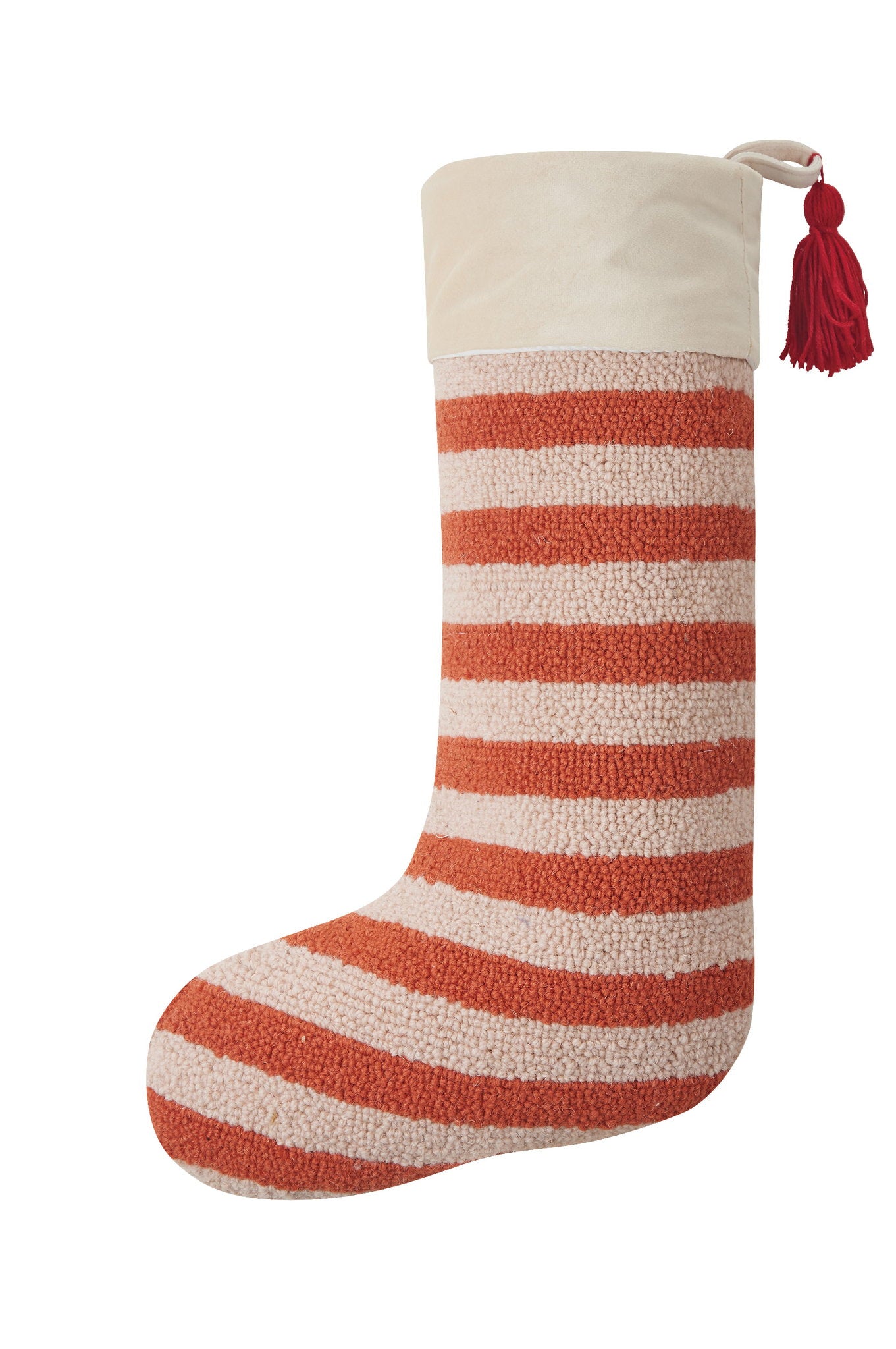 Orange Stripe with Tassel Hooked Christmas Stocking, 12x20 inch, front view
