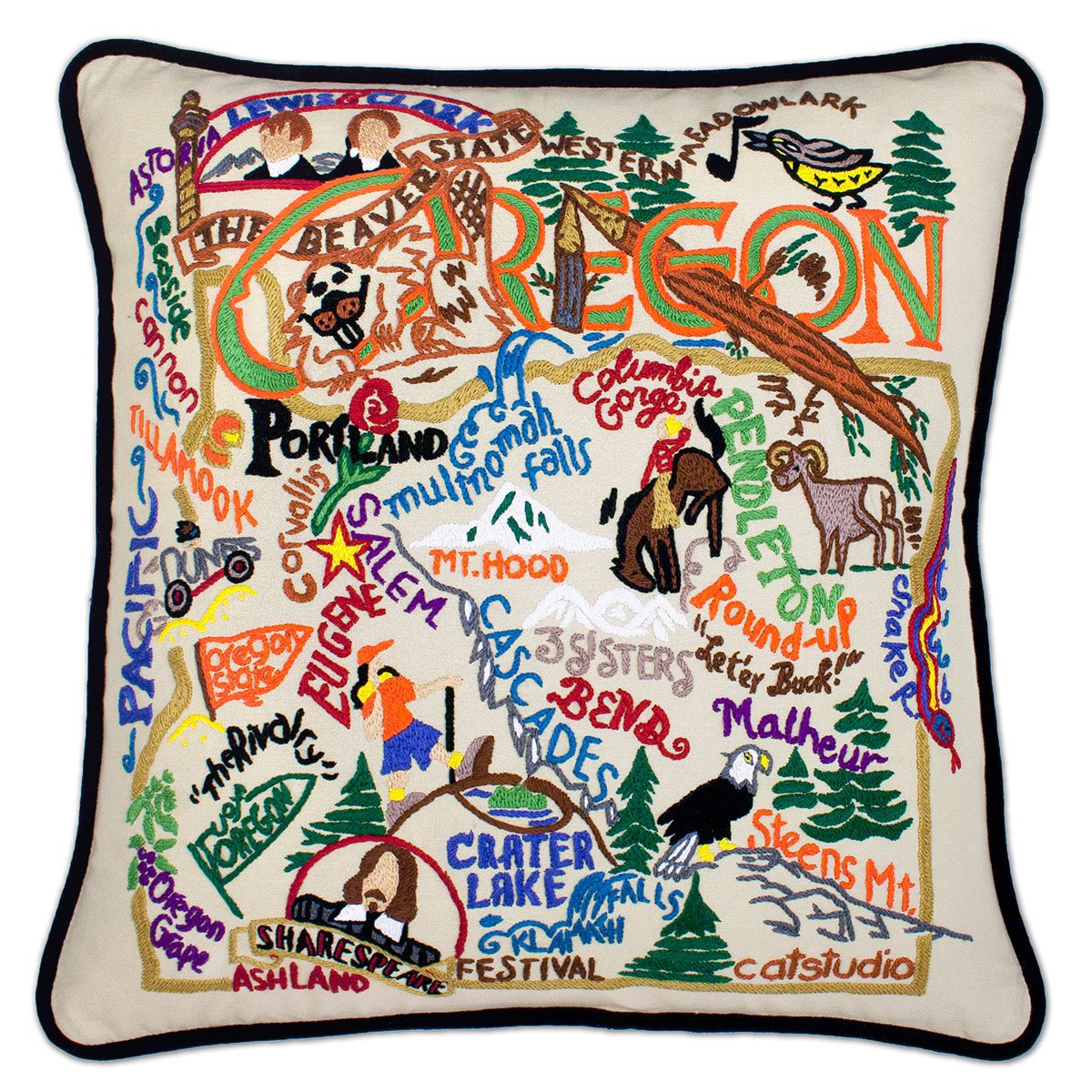 Oregon State Beaver hand-embroidered throw pillow showcasing iconic landmarks