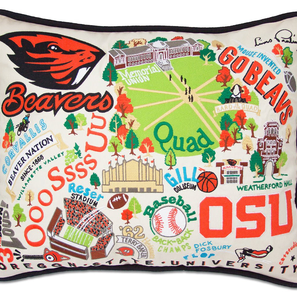 Oregon State University Beavers hand-embroidered throw pillow featuring school colors and mascot imagery