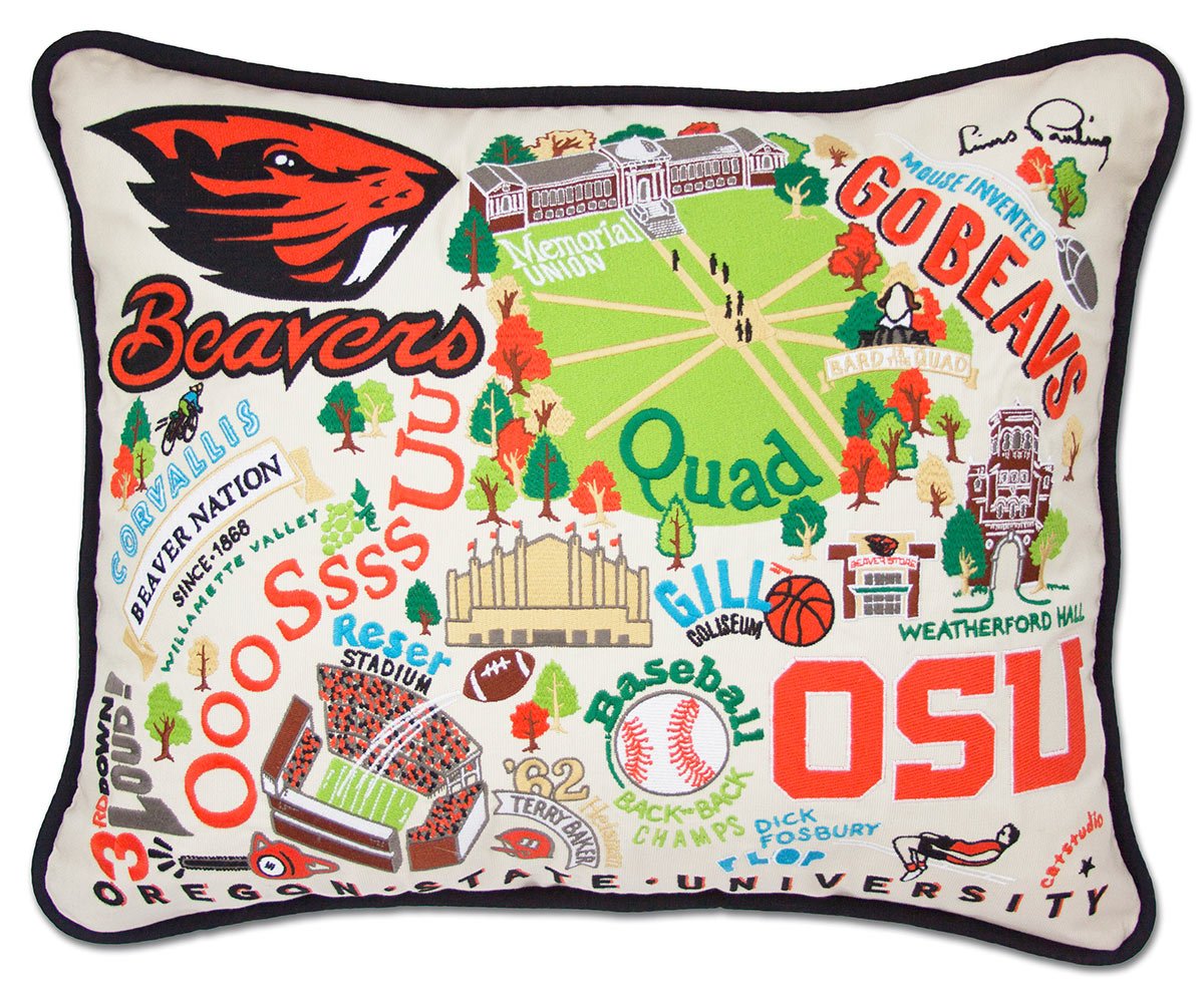 Oregon State University Beavers hand-embroidered throw pillow featuring school colors and mascot imagery