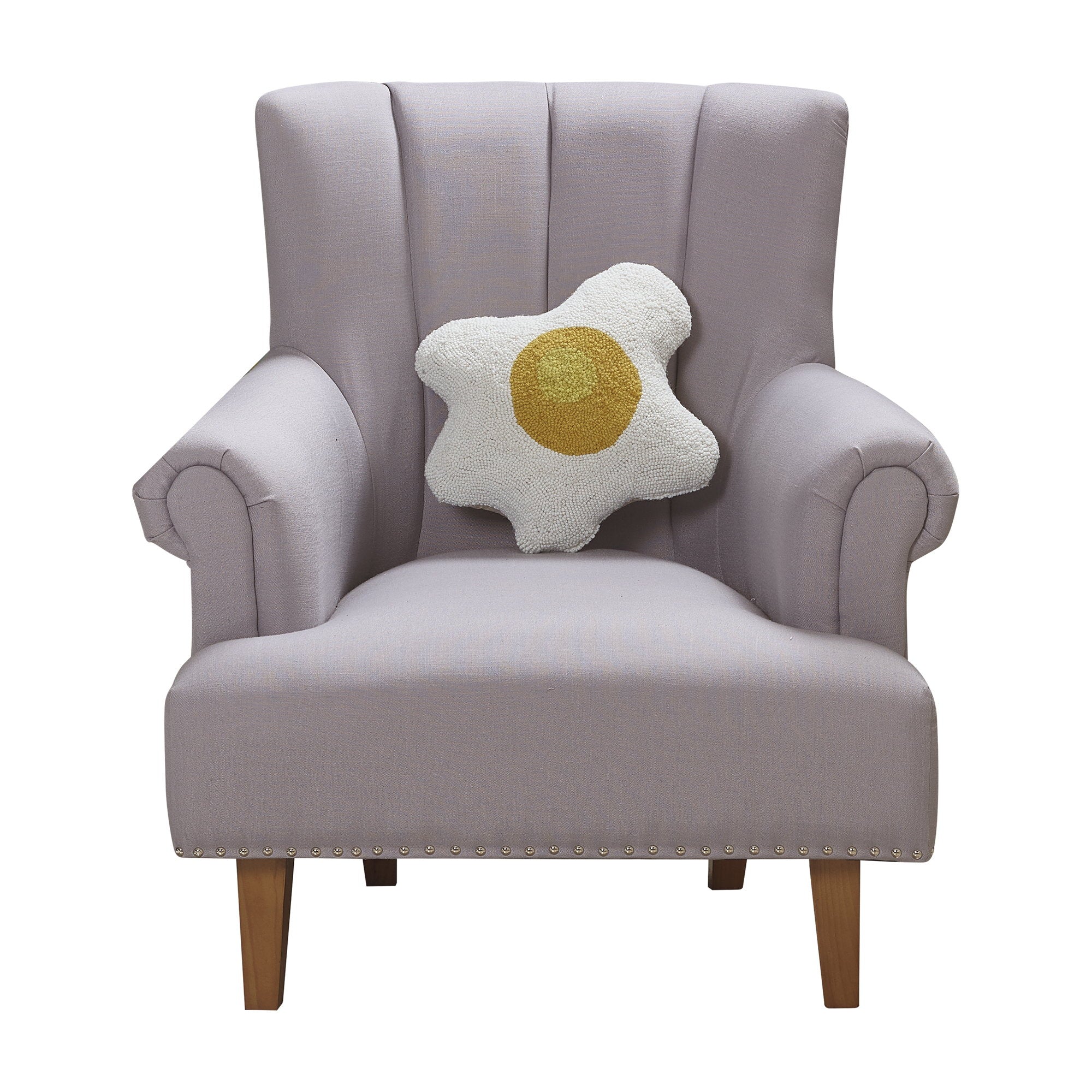 Over Easy Hooked Wool Throw Pillow on an armchair, showing the throw pillow at room scale, 14x14 inch