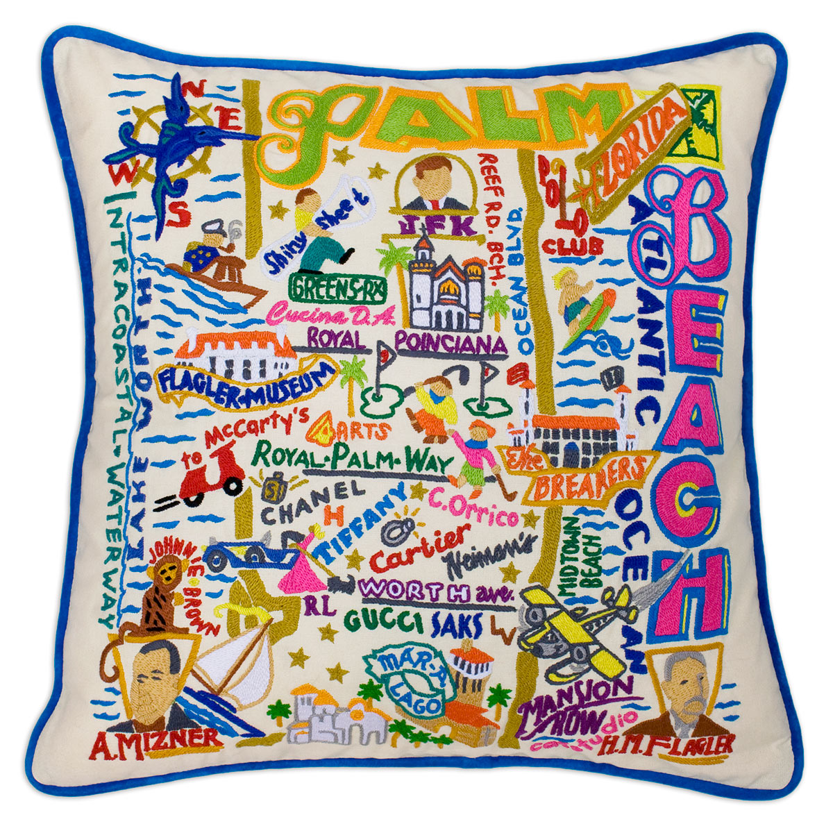 Palm Beach, FL Luxury Town hand-embroidered throw pillow showcasing iconic landmarks