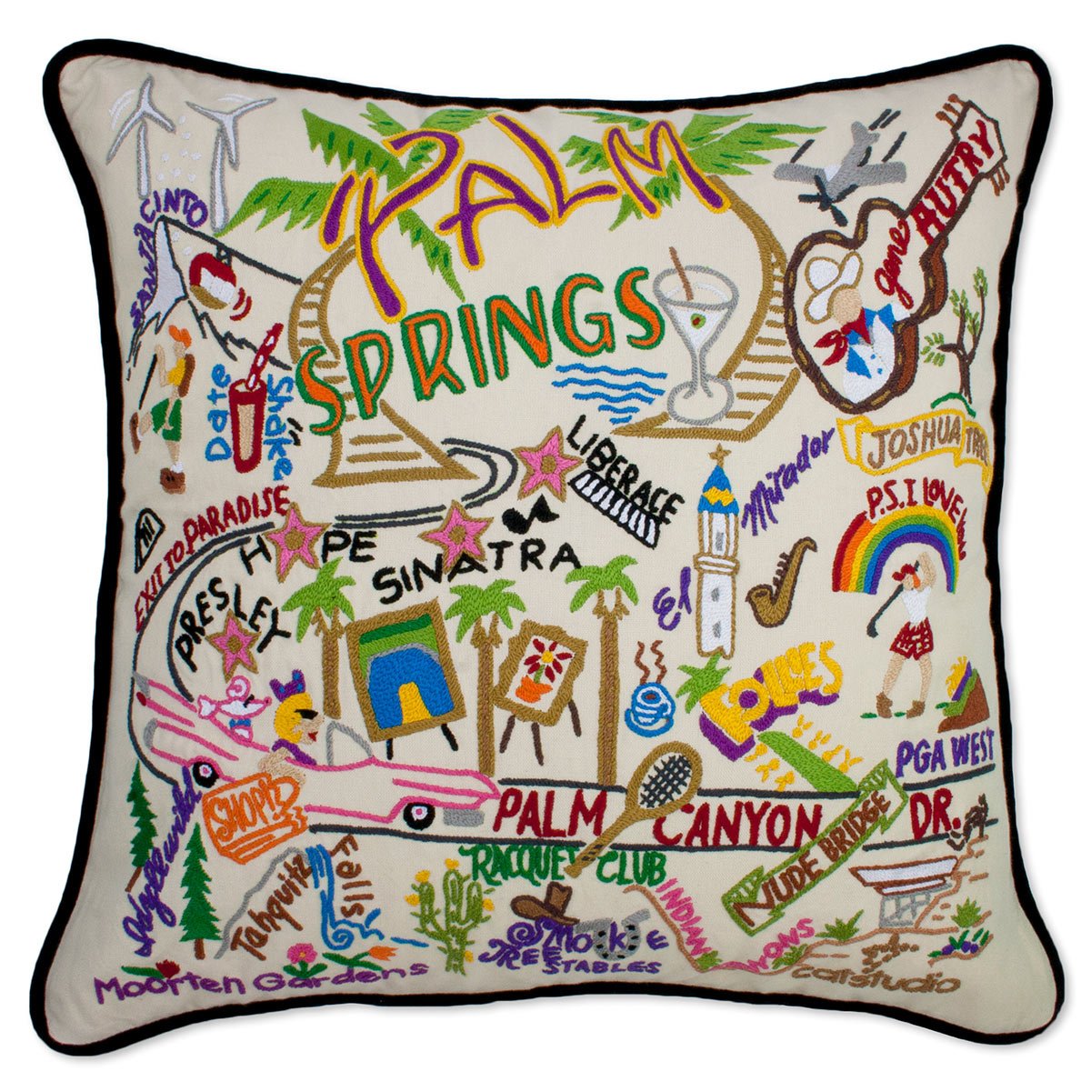 Palm Springs Desert hand-embroidered throw pillow showcasing iconic landmarks