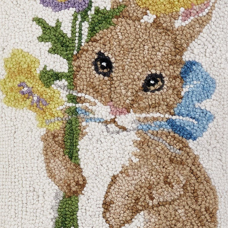 Pansy Rabbit Hooked Wool Easter Throw Pillow, close-up detail