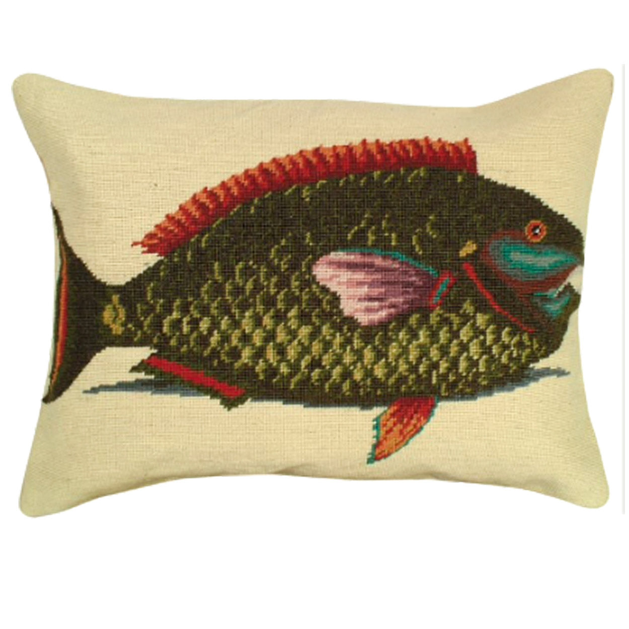 Parrot Fish needlepoint throw pillow with rustic nature wildlife lodge design