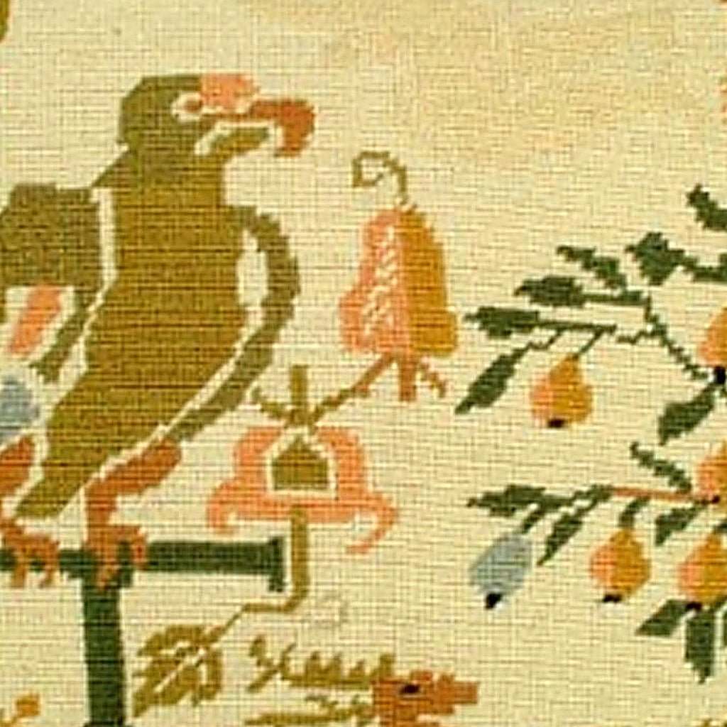 Hand-stitched wool detail of Partridge Colonial Williamsburg needlepoint pillow showing intricate weave pattern and texture