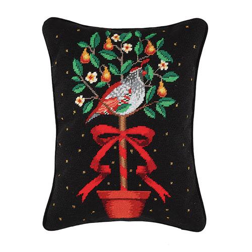 Partridge in Tree Wool Needlepoint Christmas Throw Pillow, 14x18 inch, front view