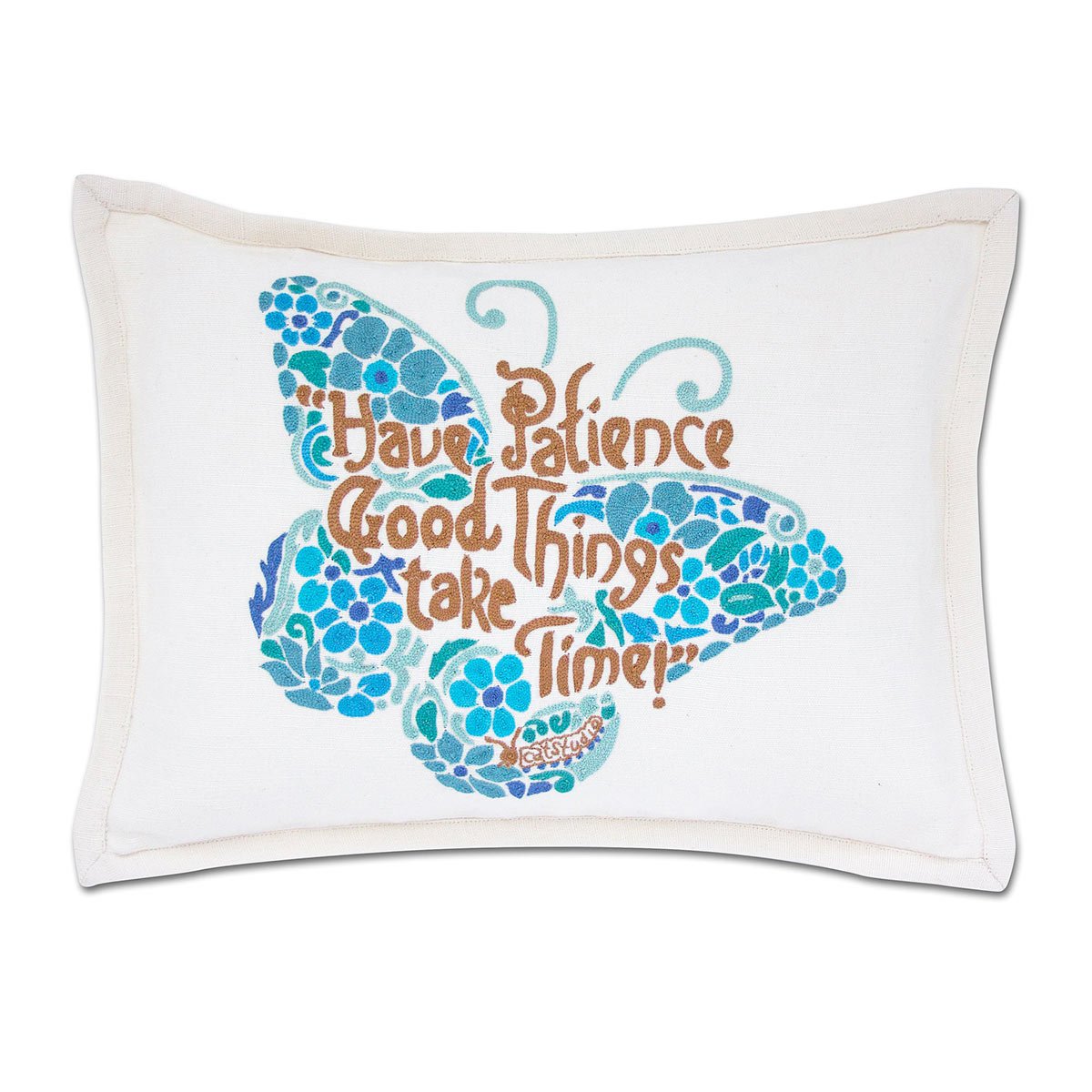 Patience Butterfly Blue hand-embroidered throw pillow with artisan decorative design