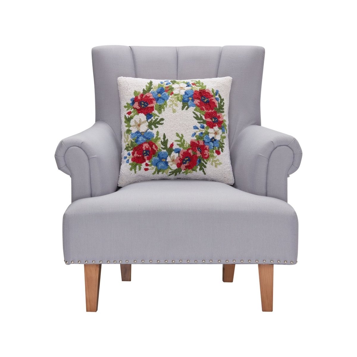 Patriotic Floral Wreath Wool Hooked Throw Pillow, styled lifestyle view