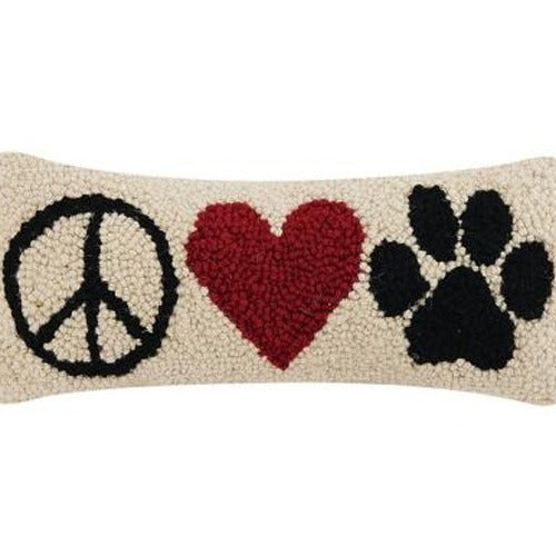 Peace Heart Paw Hooked Wool Throw Pillow, close-up detail