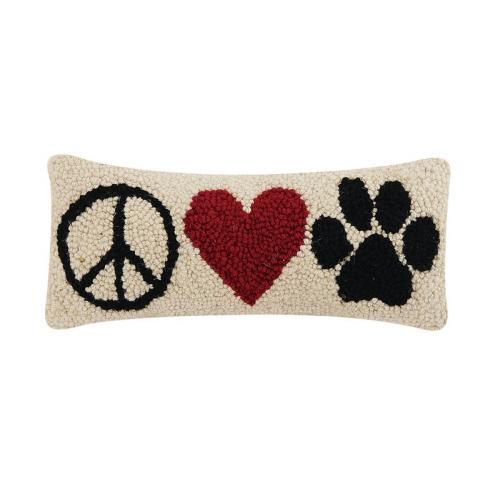 Peace Heart Paw Hooked Wool Throw Pillow, 12x5 inch, front view