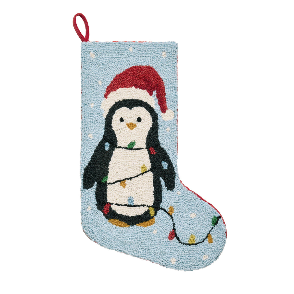 Penguin Hooked Wool Christmas Stocking, 12x20 inch, front view