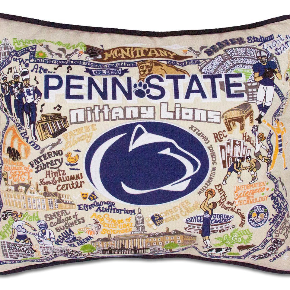 Penn State University Nittany Lions hand-embroidered throw pillow featuring school colors and mascot imagery