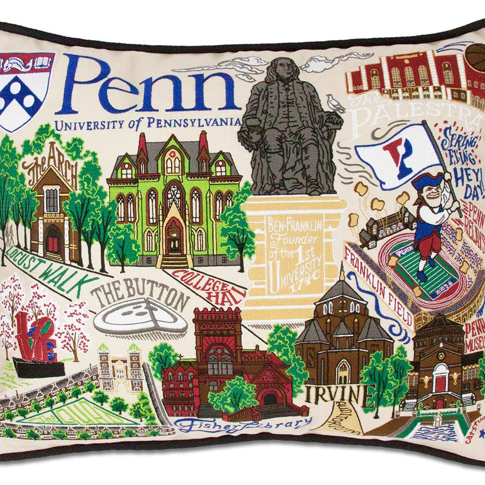 Pennsylvania Quakers hand-embroidered throw pillow featuring school colors and mascot imagery