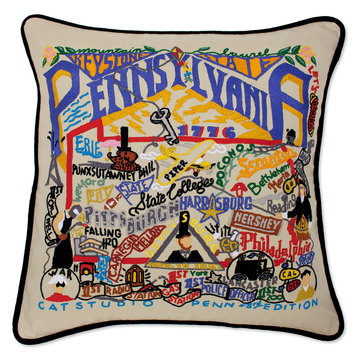 Pennsylvania State Keystone hand-embroidered throw pillow showcasing iconic landmarks