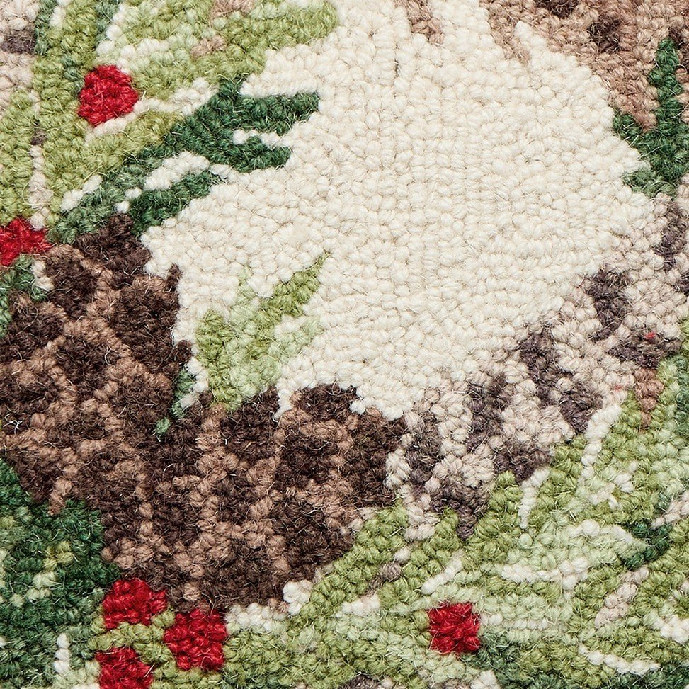 Pheasant Feather Wreath Hooked Wool Christmas Throw Pillow, close-up detail