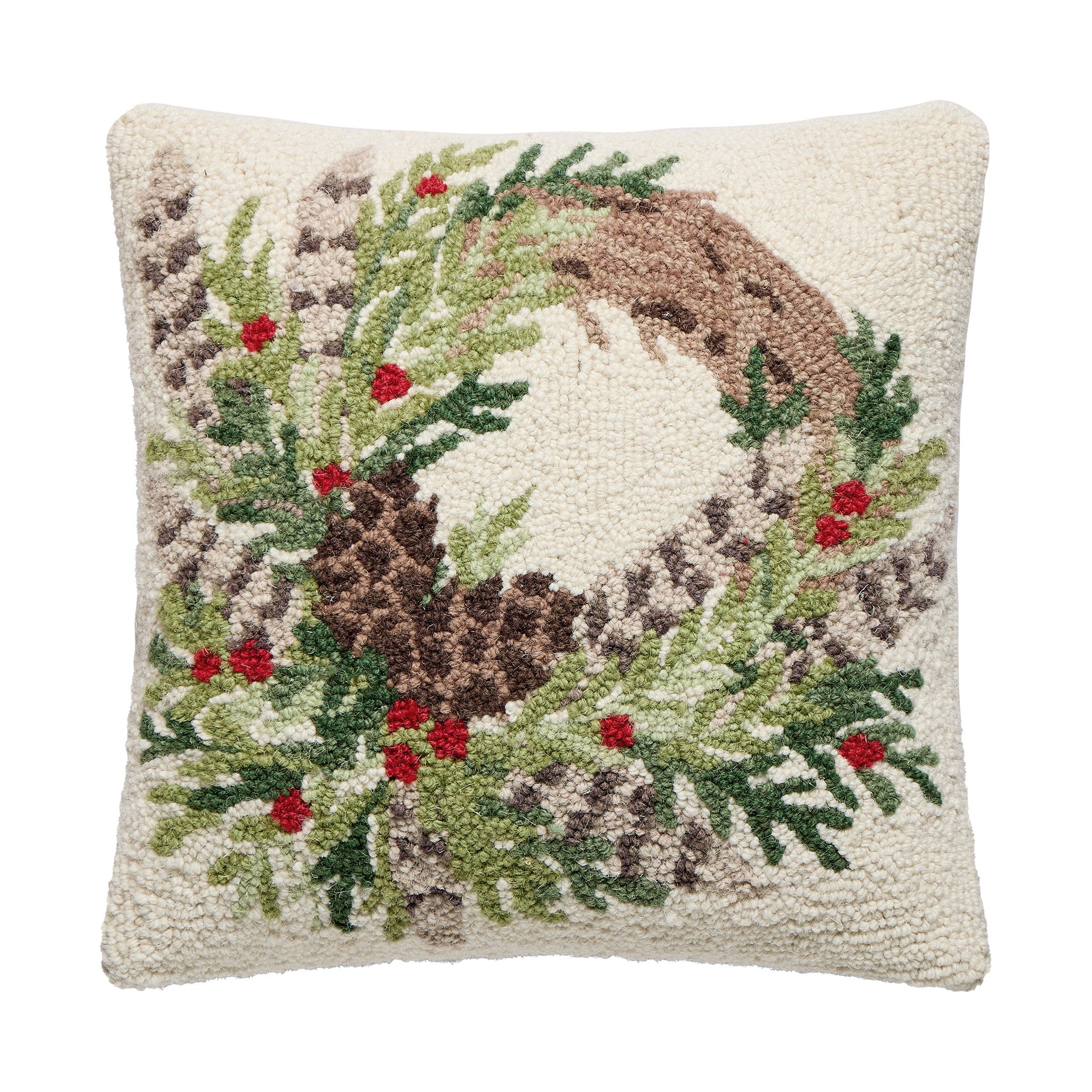 Pheasant Feather Wreath Hooked Wool Christmas Throw Pillow, 16x16 inch, front view