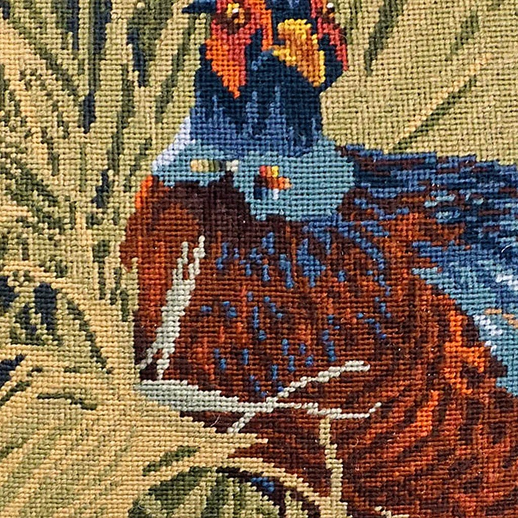 Pheasant in Tall Green Lodge pillow fabric closeup showing hand-embroidered needlepoint wool texture and color detail